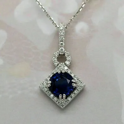 2Ct Lab Created Blue Sapphire Halo Pendant Necklace 14K White Gold Plated Silver • $90.99