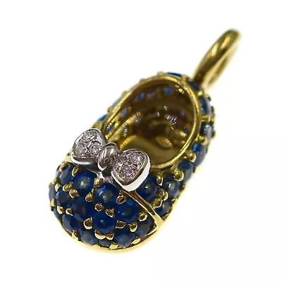 Aaron Basha 18k Yellow Gold Diamond Blue Sapphire Baby Shoe Pendent • $1625