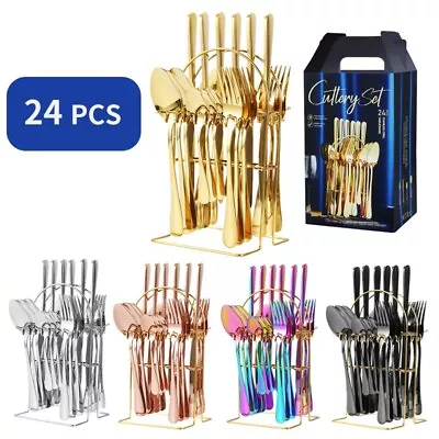 New Cutlery 24Pc Set Stainless Steel Knife Fork Spoon Tableware Dining Home Gift • £33.35