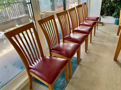 $100 • Buy 6 SOLID WOOD CHAIRS WITH 'SAD' UPHOLSTERY (and There's A MATCHING DINING TABLE)