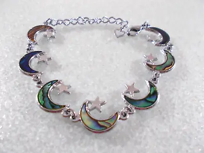 Silver Tone Star And Moon Panel Link Bracelet With Inlaid Abalone Free Shipping • $12