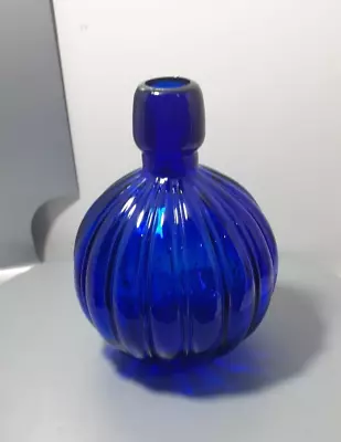 Vase Cobalt Blue Round Ribbed Bulbous Shape Recycled Glass Made In Spain 7.25 H • $49