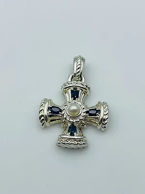 Judith Ripka Sterling Silver Sapphire & Pearl Cross Enhancer Pendant • $150