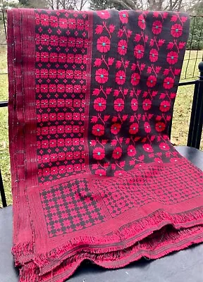 Vtg Loom Weave Thick Red Cotton Textile Table Cloth Rug 90”x50 Folk Art Tapestry • $55