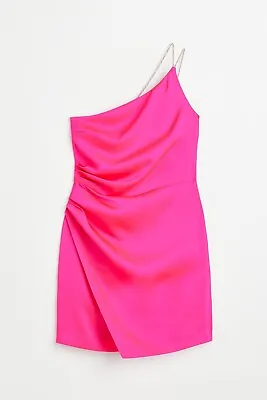 Z H&m One-shoulder Dress Mini Hot Neon Pink Diamante Strap Strappy Party 10 6 38 • £45.99