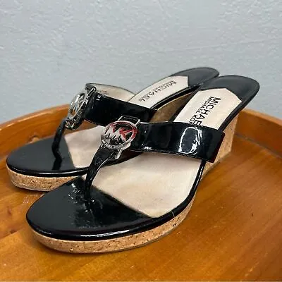 MICHAEL KORS Palm Beach Wedge Black Patent Leather Cork Wedge Sandals Sz 6.5 • $20