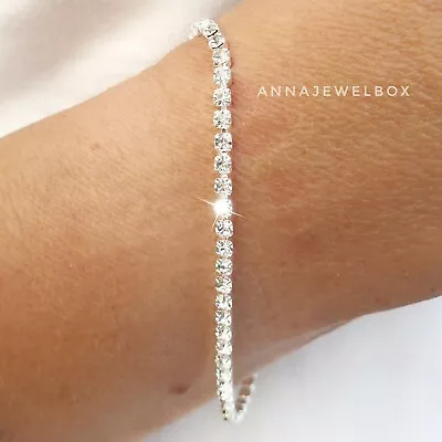 Silver Cubic Zirconia CZ Crystal Tennis Bracelet Bangle Bridal Birthday Gift Bag • £5.97