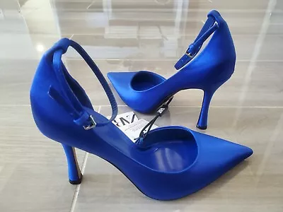 ZARA Royal Blue Satin Ankle Strap Stiletto Heel Pointed Toe US 6 Extra Comfort • $29.99