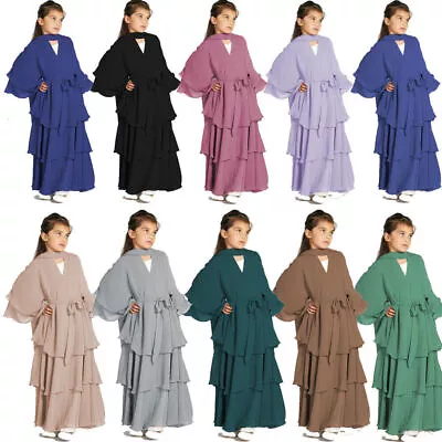 Children Modest Muslim Robe Long Dress Kids Girls Abaya Dubai Kaftan Ruffle Gown • £9.99