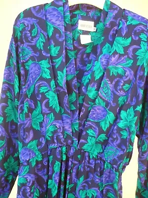 Vtg 80s 90s M Leslie Fay Purple Dress Floral Green Leaf Pleat Drape Scroll Women • $17.75