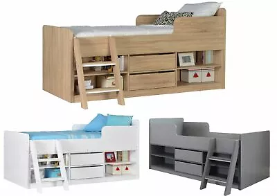 Childrens Mid Sleeper Cabin Bunk Bed With Storage & Drawers - Oak Grey White • £299