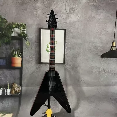 Glass Black Flying V Shape Electric Guitar HH Pickups String Thru Body Red Inlay • $299