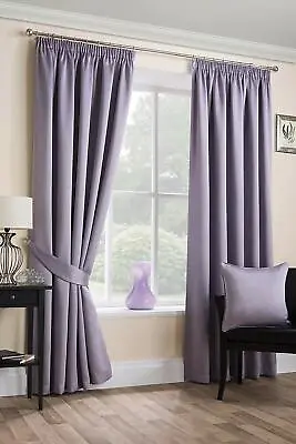 SATEEN WOVEN BLACKOUT 90  X 90  MAUVE PENCIL PLEAT UNLINED READY MADE CURTAINS  • £49.99