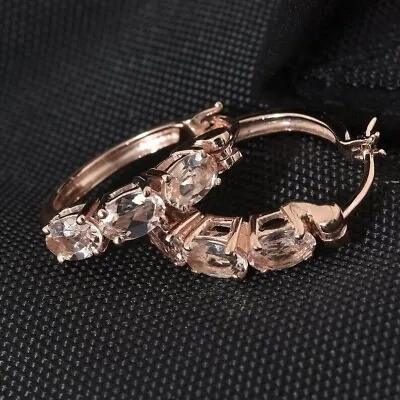 14k Rose Gold Plated 3Ct Oval Cut Lab Created Morganite Huggies Hoop Earrings • $72.53