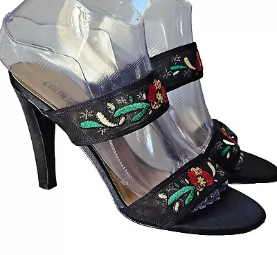 COLIN STUART Sz 7 Black Floral Strappy Slip On High Heel Sandals Shoes Ornate • $29.97