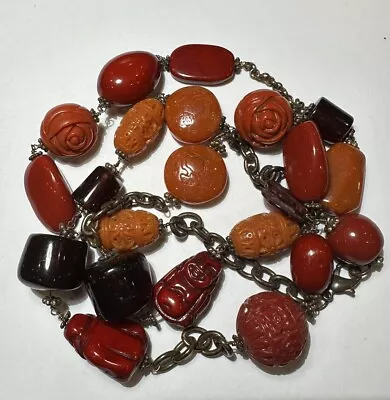 Vintage Celluloid Carved Coral Red Orange Pumpkin Buddha  Beads Necklace DB1 • $53.99