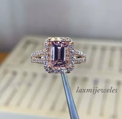 2.50CT Emerald Cut Genuine Morganite Halo Split Shank Ring 14K 2-Tone Gold Over • $175.38