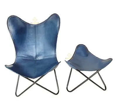 Iron Metal Frame Blue Leather Butterfly Chair & Relaxing Footrest Stool PL2-147 • $185.39