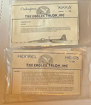 $12.95 • Buy 2 -The Eagles Talon Models~Heimkel He-178 & Nakajima “Kiki’s” 1/72 Vacuform Kits