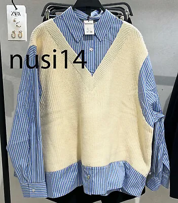 Zara New Woman Striped Contrast Shirt Sweater Ecru Blue Xs-sm-l 2142/011 • $68.99