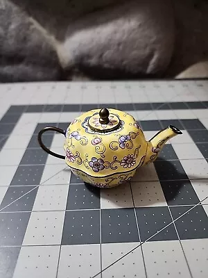 Miniature Brass & Copper Teapot Painted Enamel Floral Design Unbranded  • $20