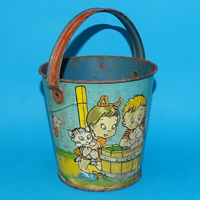 Vintage T Cohn Inc Toy Sand Pail Tin Litho Children Bathing Farm Pets 1940s USA • $56