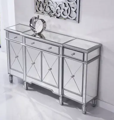 Silver MIRRORED CREDENZA BUFFET SIDEBOARD 4 DOORS 3 DRAWERS 60  CABINET Narrow • $1499
