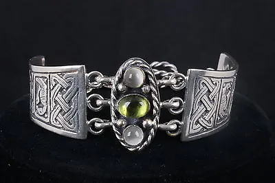 Mh Sterling Keltic Vintage Green & White Cabochons Bracelet Fine Vintage 2074 • $200