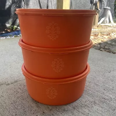 Tupperware Orange Servalier Stacking Canisters With Lids 8 Cup Vintage Set Of 3 • $24.86