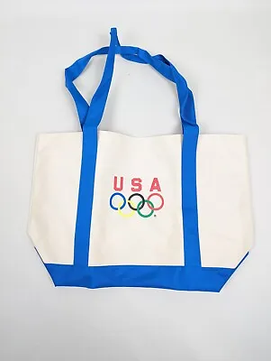 VINTAGE USA OLYMPICS TOTE BAG 19  X 13  NEW OLD STOCK TAN / BLUE CARRY REUSABLE • $13.49