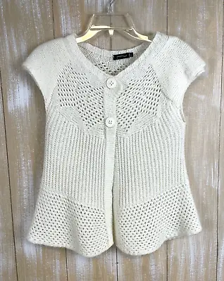 Women’s M/L Cream Short Sleeve Button-Up Acrylic Wool Mohair Blend Sweater Italy • $29.99