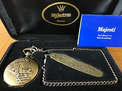 Vintage 1994 MAJESTRON Train Quartz Pocket Watch & Knife Set W/ Chain Fob Case • $34.99