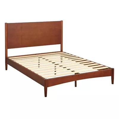 Mid Century Platform Bed Frame With Headboard Queen Size Solid Wood Walnut Brown • $489.99