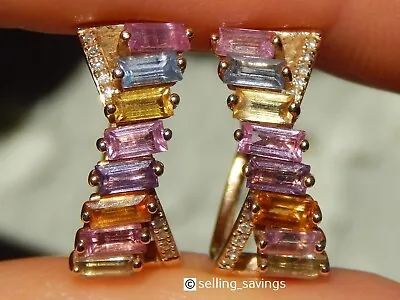 14k Yellow Gold Effy 2.82 Tcw Diamond & Multi Color Sapphire Huggie Earrings • $995