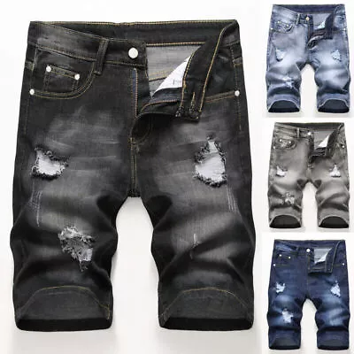 Men's Shorts Denim Shorts Stretch Slim Fit Shorts Ripped Jeans Midi Pants Casual • $31.98