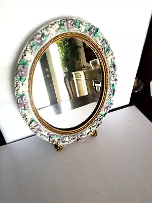 Vintage 12  X 10  Oval Mirror Very Feminine With Painted Multi Color Flowers. • $27.50