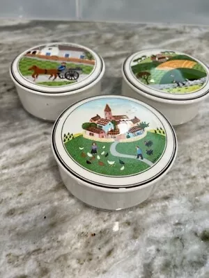 Villeroy & Boch Design Naif Round Covered Porcelain Trinket Boxes Set Of 3 • $40