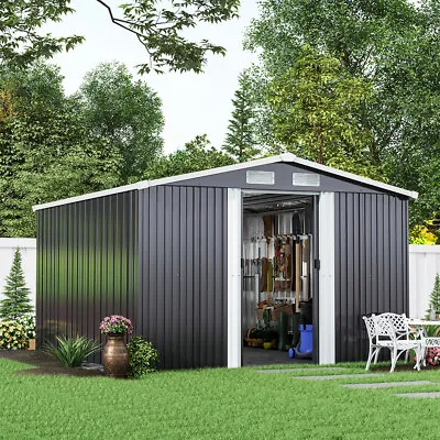 10X8FT Metal Steel Garden Shed Apex Roof W/ Free Base Storage House Ventilation • £389.95