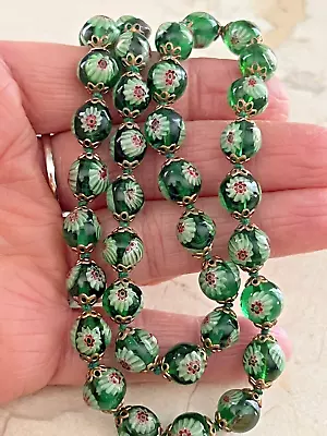 Vintage Art Deco Green Venetian Murano Art Glass Millefiori Necklace • $68