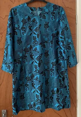 1960s Ladies Vintage Shift Dress In Chinoise Print Blue Black Size 16 Mod Style • £9.99