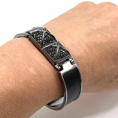 Michael Kors Black Pave Crystal Double Pyramid Clasp Leather Bangle Bracelet • $40