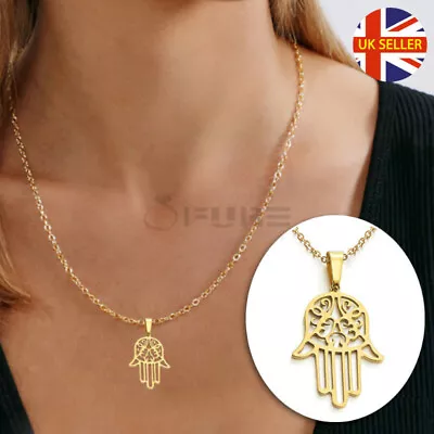 Ancient Retro Gold Plated Hamsa Hand Of Fatima Pendant Amulet Necklace Jewelry • £3.99