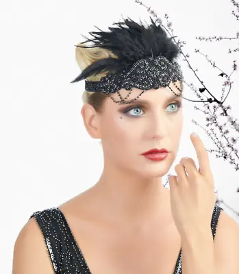 1920s Flapper Black Headband Black Feather Beaded Headpiece Roaring Gatsby Party • $9.99