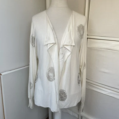 £25 • Buy Crea Concept Waterfall Cardigan Size 42 White & Grey Spotty Pattern Open Front