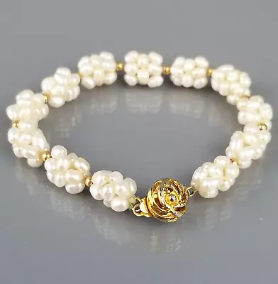 Vintage Faux Baroque Pearl Clusters Bracelet 7  Gold Tone Openwork Swirl Clasp • $14.19