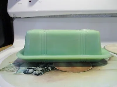 Jadeite Green Glass Script Lettering Butter Dish & Lid In Excellent Condition • $48