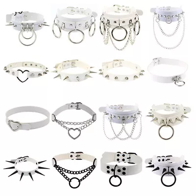 Gothic Punk White PU Leather Spiked Rivet O-Ring Collar Stud Choker Necklace • $8.99