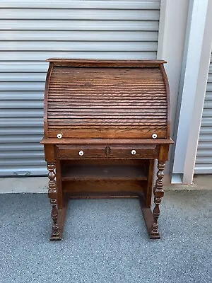 Vintage Roll Top Writing Secretary Desk Two Drawer High-Quality Brown Oak Wood • $150
