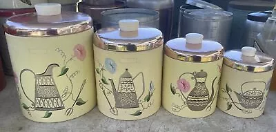 Vintage Ransburg MCM Teapot Off White & Pastel Floral Kitchen Metal 4 Canisters • $36