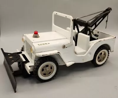 Vintage 1960s White Tonka Jeep Snow Plow Truck Pressed Steel Toy AA Wrecker • $126.73